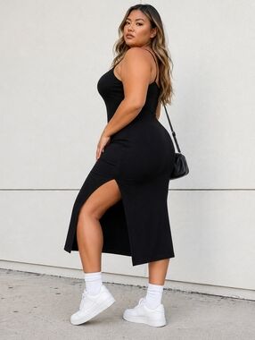 PrettyLittleThing Black Bodycon Midi Dress Side Slit Spaghetti Strap Size 22 (Fi